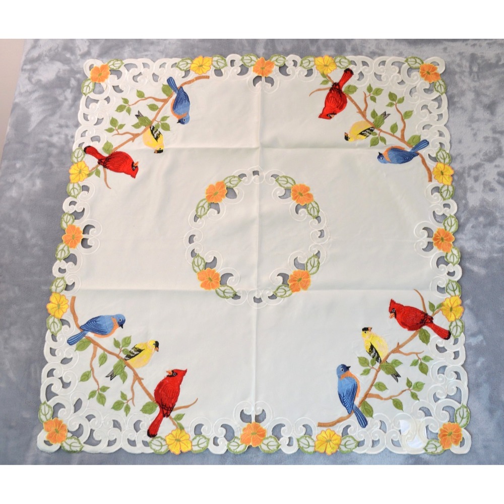 Collections Etc. Bird Embroidered Cut Out Design Table Topper 34"x34" New